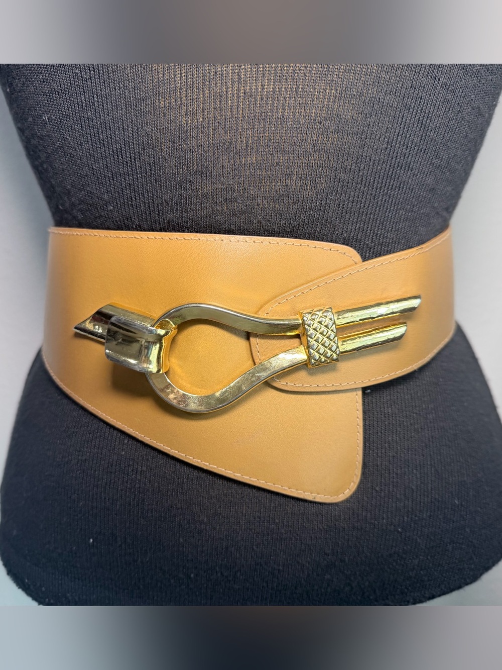 Magid Camel Wide Waist Belt with Gold Sculptural Buckle Y2K